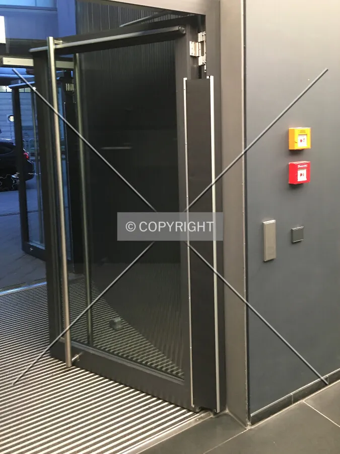 An automatic glass door featuring a finger protection so that nobody is hurt when the door is closing