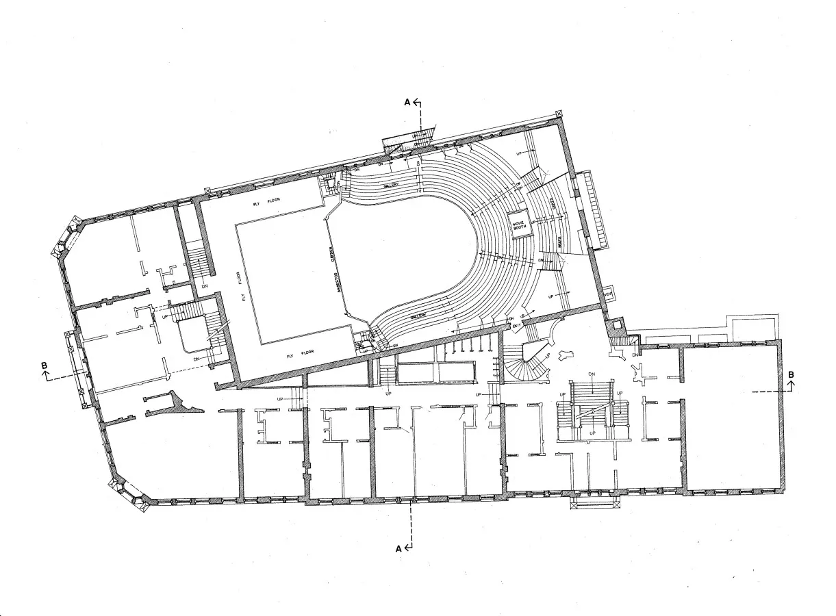 Plan drawing of the second and third floors with South Main Street at the bottom