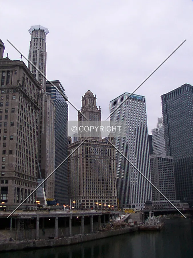 View from the Michigan Avenue Bridge with staging barge to the right
