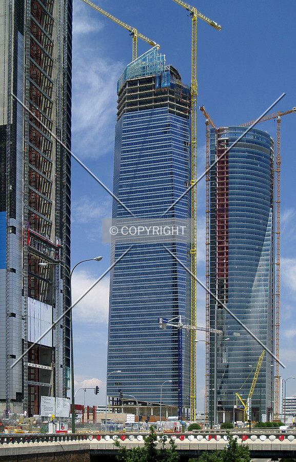 View from the south with Torre Repsol to the left and Torre Espacio to the right