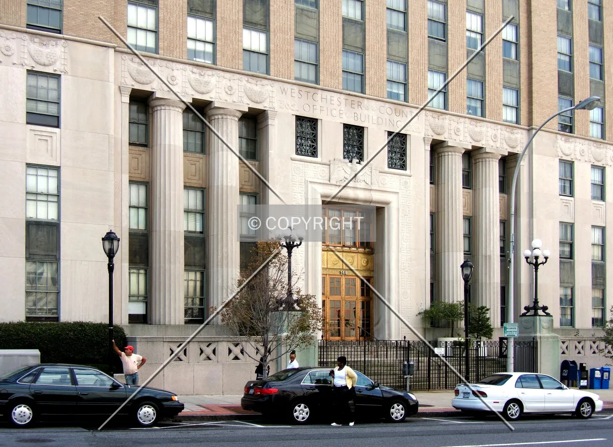 View from the northeast across Martine Avenue of the main entrance area