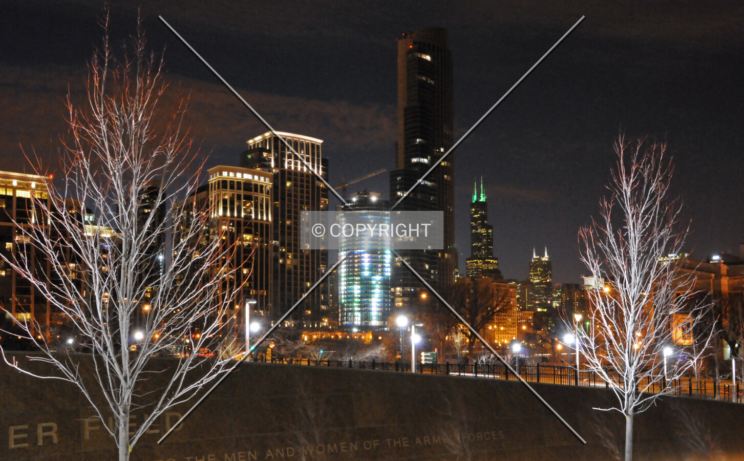 Night view, looking northwest from the park surrounding Soldier Field, with construction lights illuminating the hollow structure