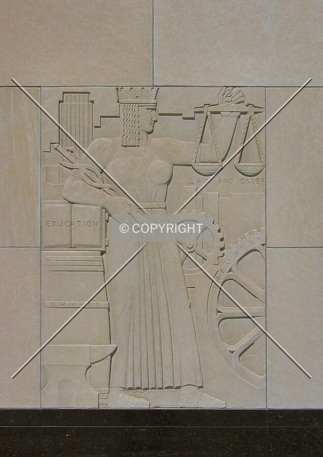 Lee Lawrie relief to left of Kellogg Boulevard entrance