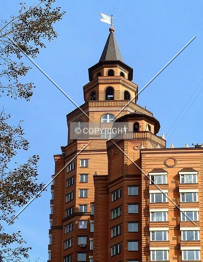 Looking up at the north (taller) and west wing junction