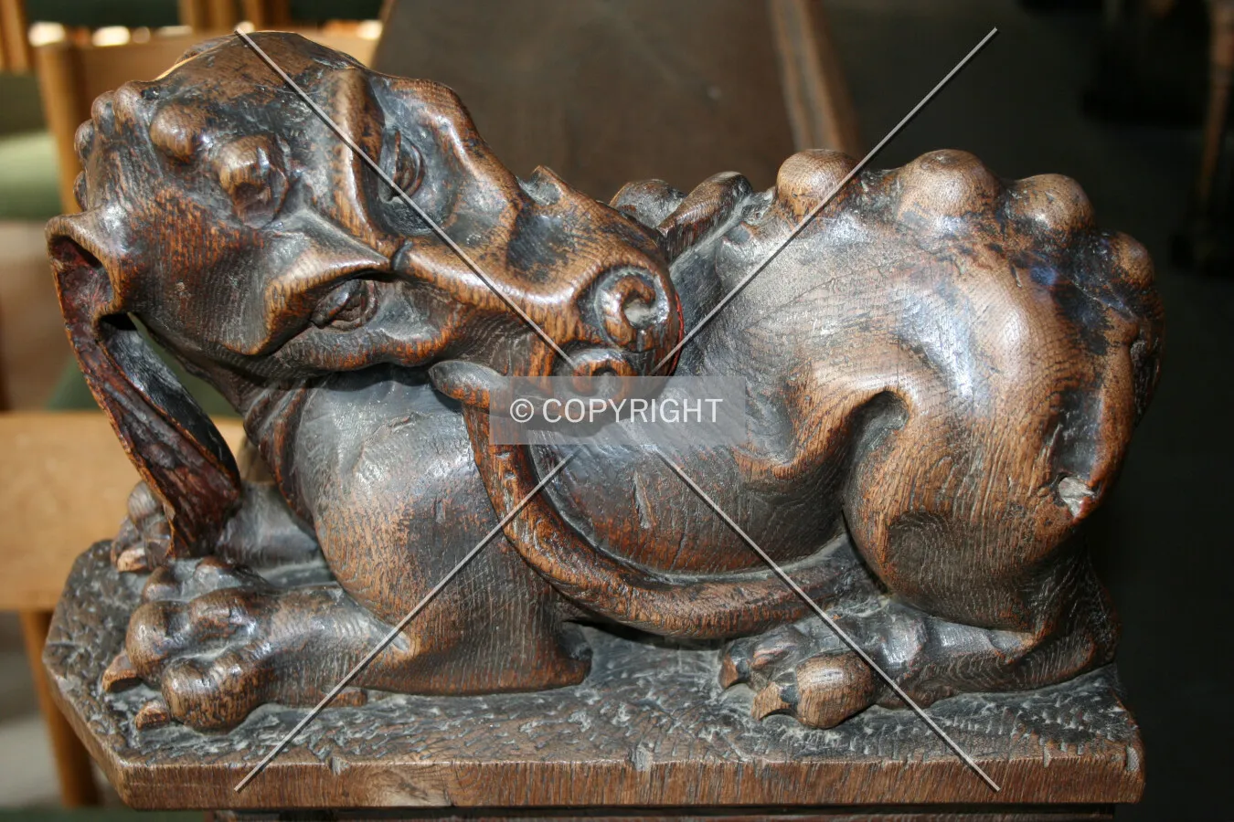 Wooden beast on one of the pews biting its tail