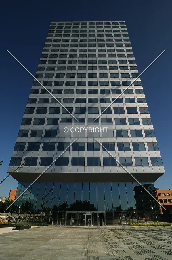Looking up the office tower from south