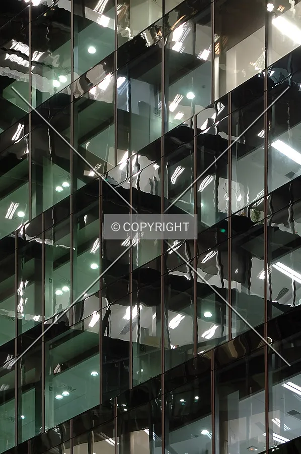 Close up view of the facade at night