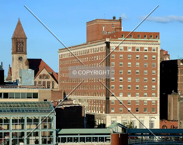 View from the southwest with the City Hall at far left