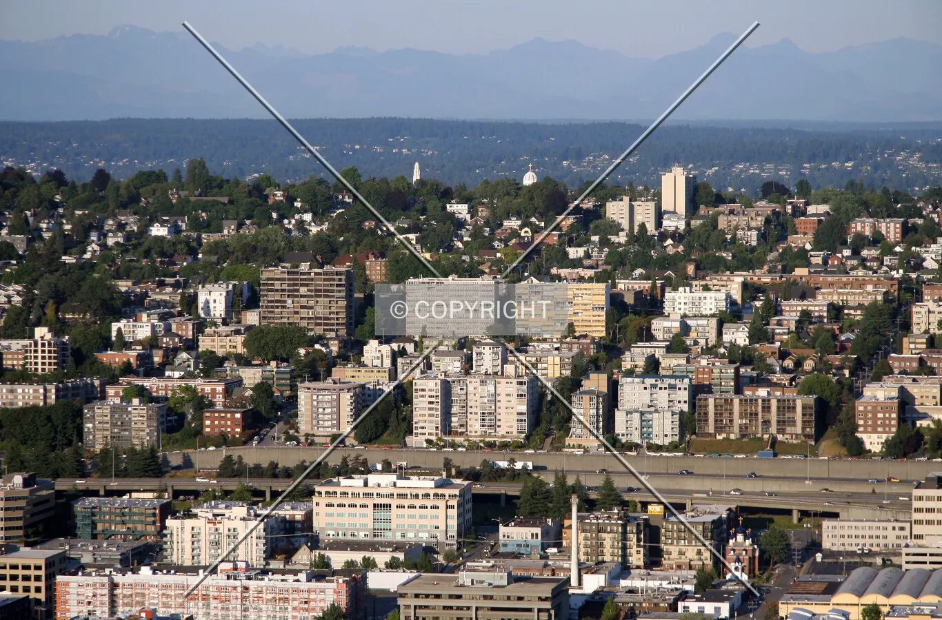 View east from the Space Needle with Interstate 5 traversing left-to-right