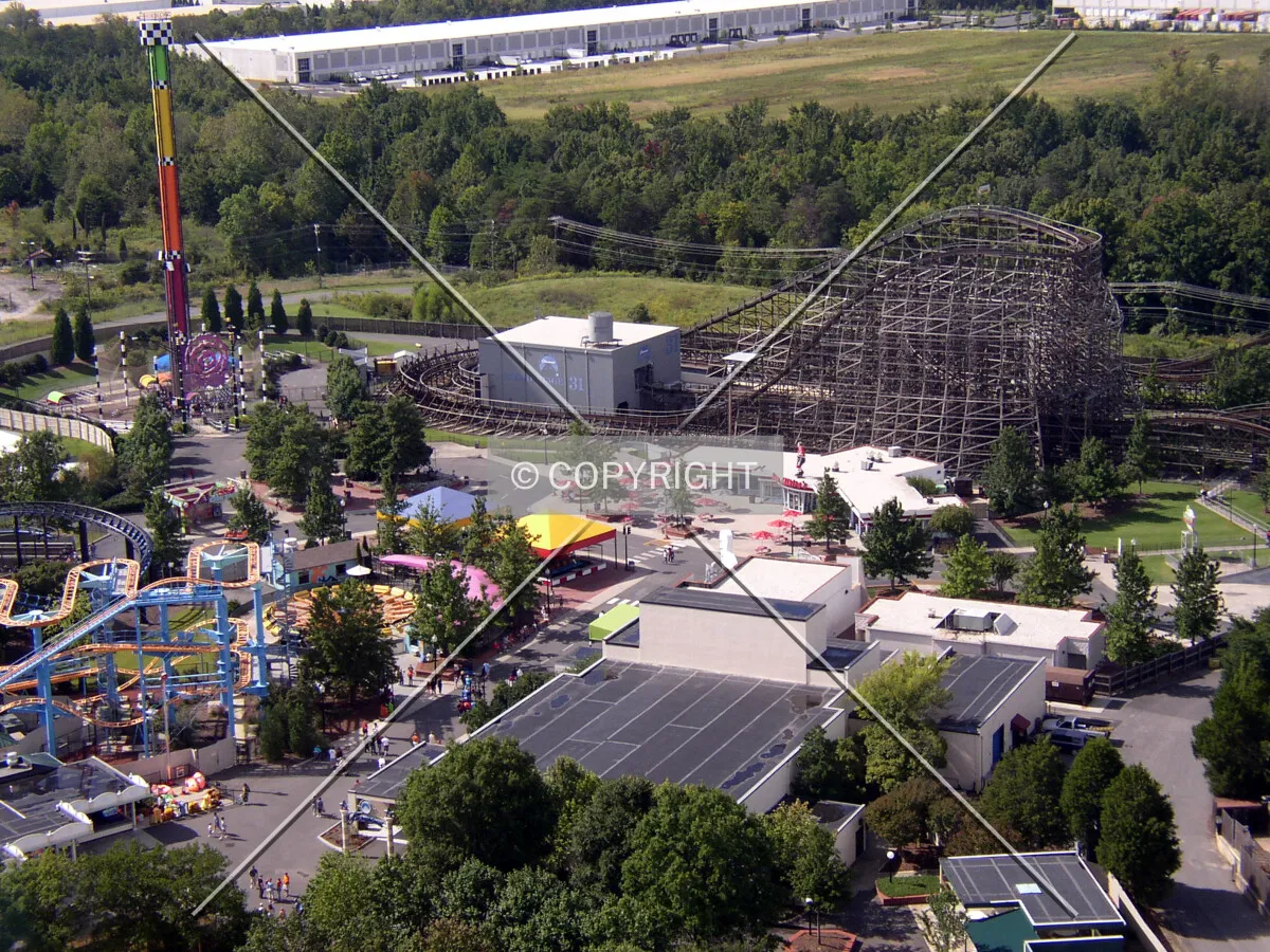Looking north from the Skytower towards the Hurler and Thrill Zone agmonst other attractions