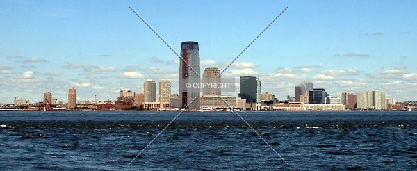 View from southeast including Journal Square (far left), Exchange Place area and Newport Center
