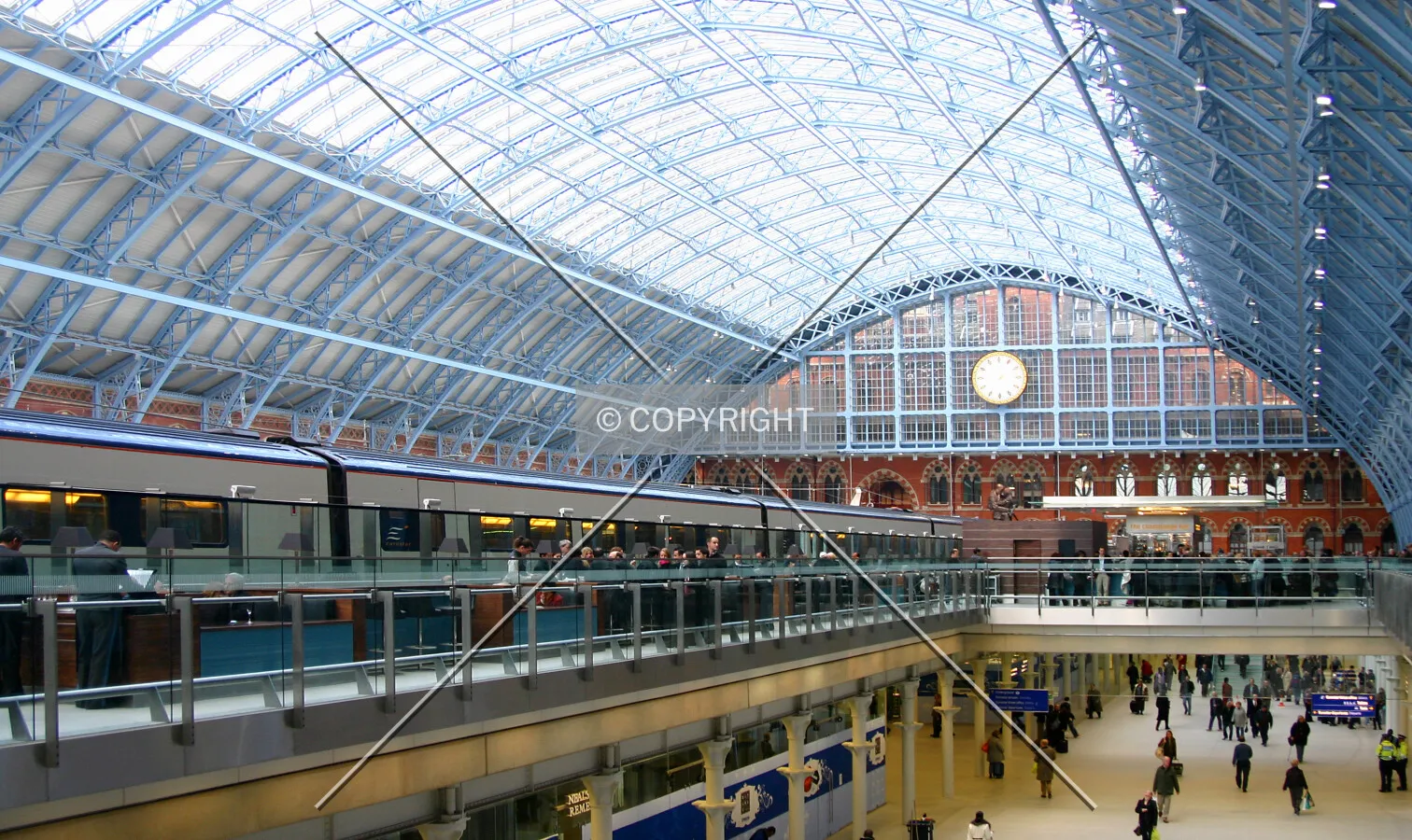 View across the shed showing Eurostars awaiting departure, Europe's longest champagne bar and the undercroft below
