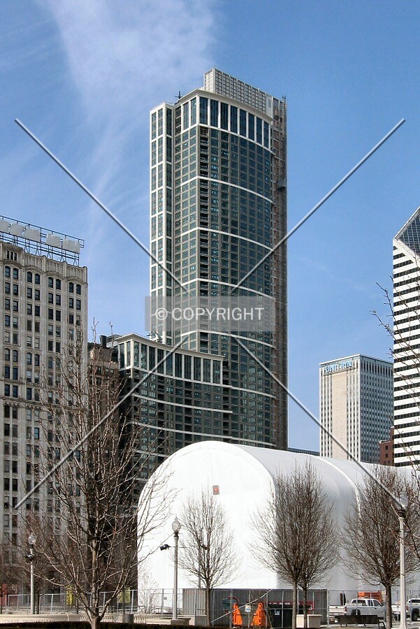 View to the northwest from Millennium Park, Cloud Gate under wraps in the foreground