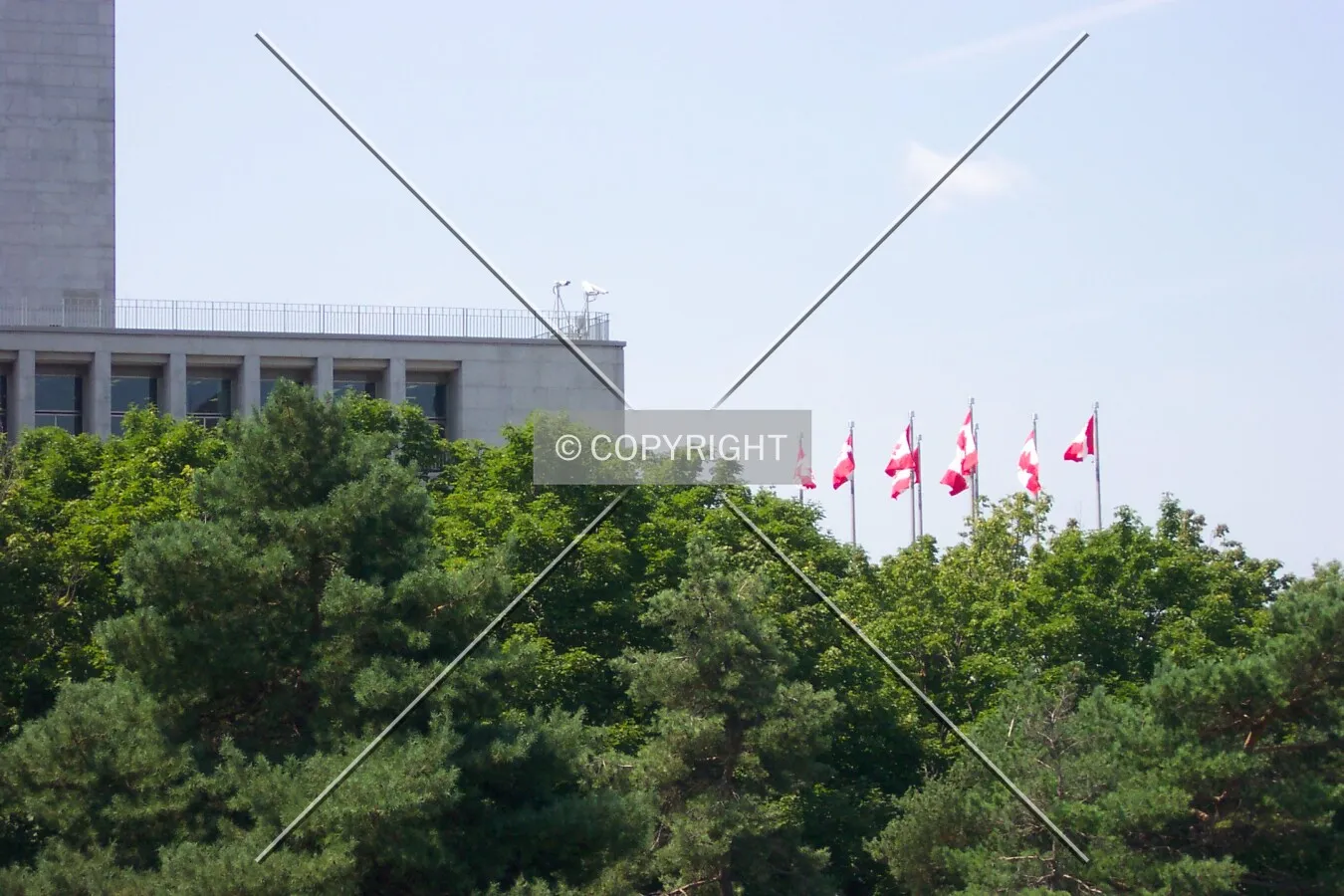 The Canadian flags behind the building