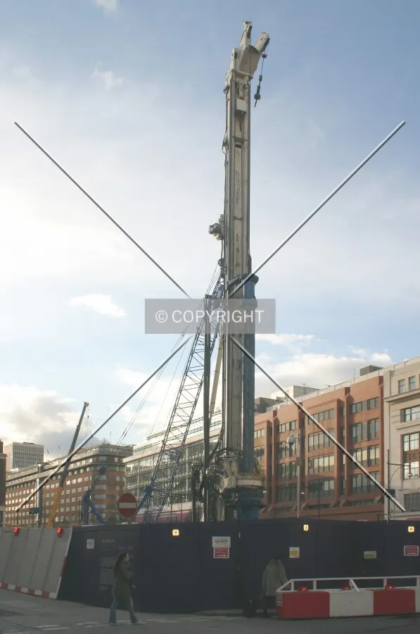 View northwest of piling works in progress from the junction of North Audley Street and North Row