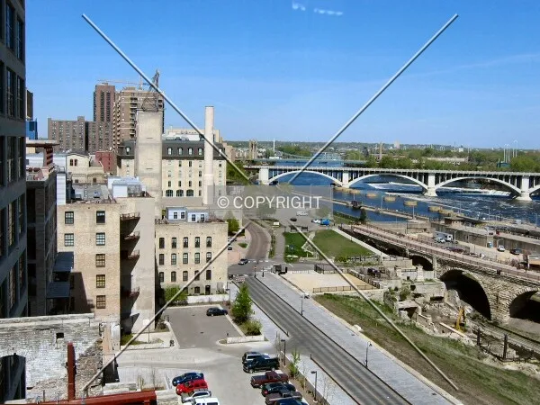 West River Road from the 9th floor observation deck at the Mill City Museum