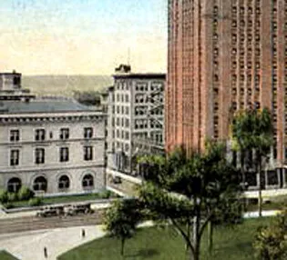 View from the northeast with the Hotel Harrisburger to the right