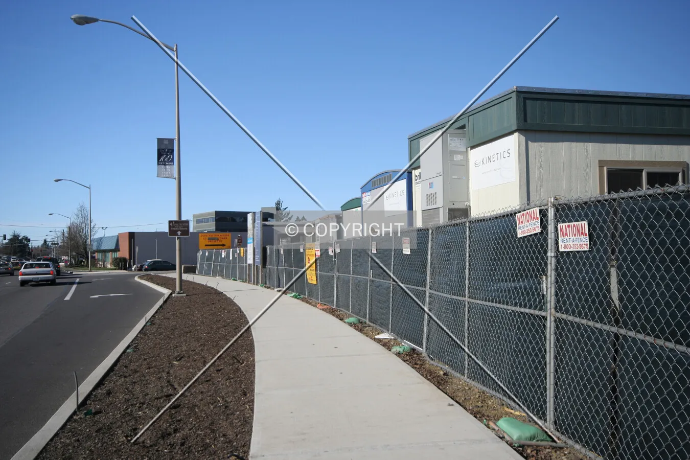 View of the construction trailers from the sidewalk