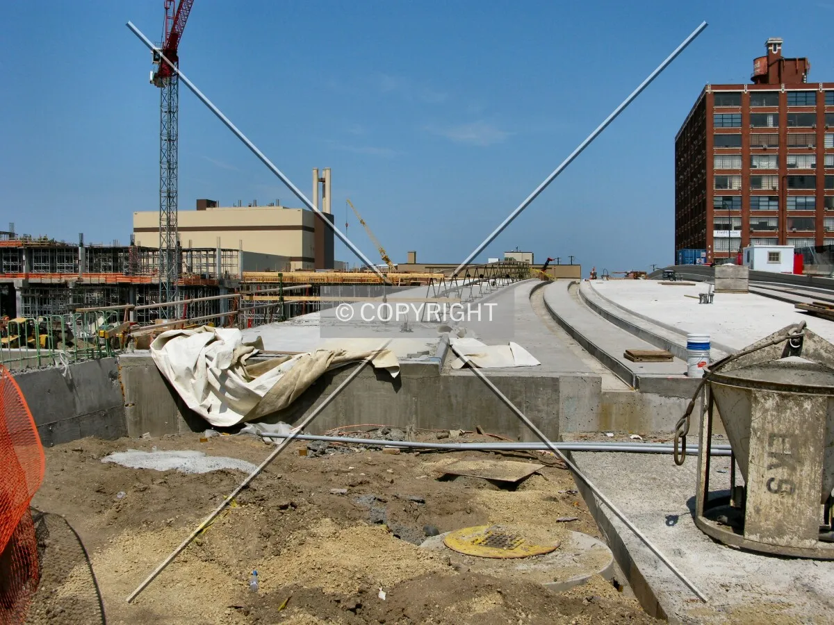 View to the northwest along 5th Street North, showing grooves for tracks on the Hiawatha Line extension to the stadium