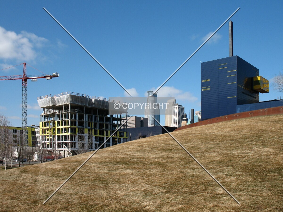 View to the southwest from Gold Medal Park, with the downtown skyline and the Guthrie Theater