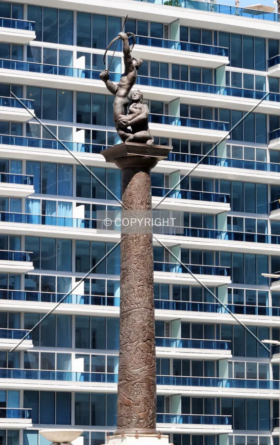 View of the Tequesta Family sculpture from the southwest