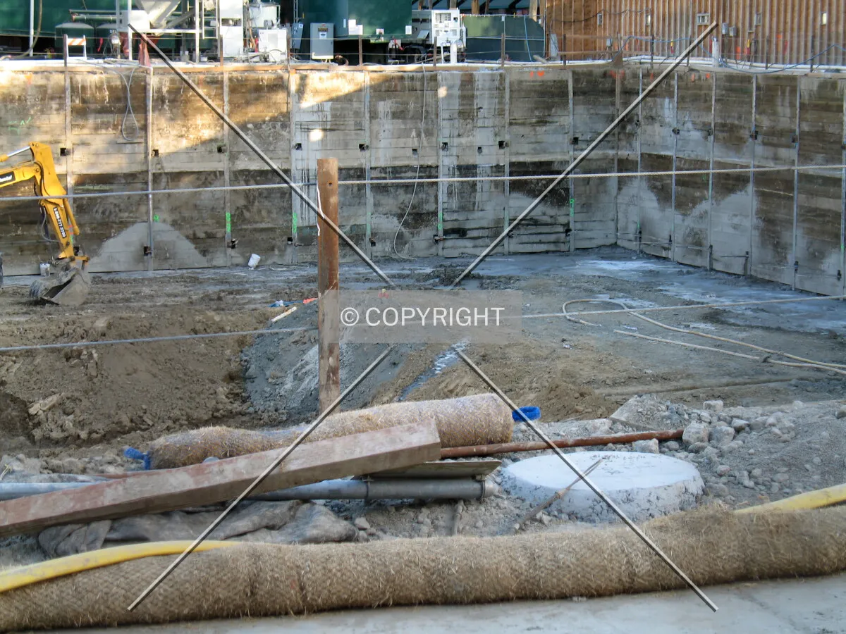 Southwest corner of the excavation pit, with shoring two stories deep