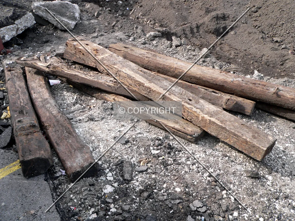 Old railroad ties excavated from the site
