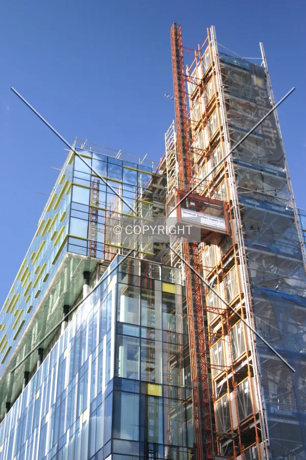 Looking up from Union Street at the construction elevator