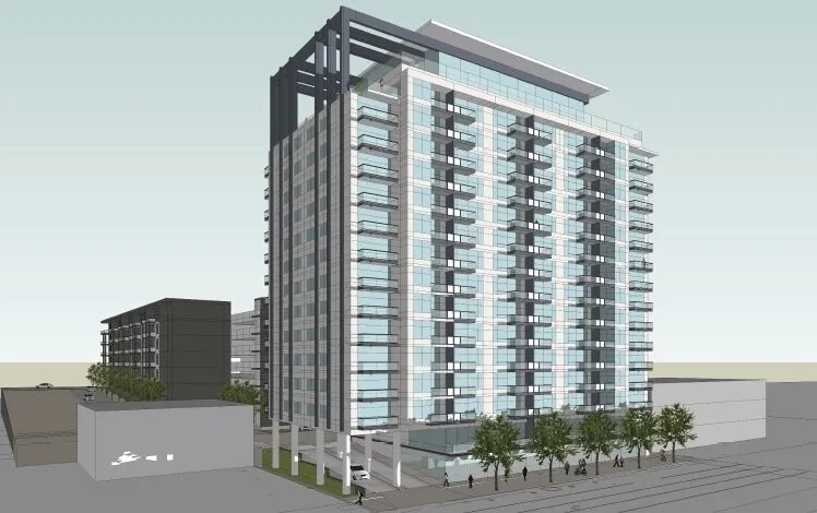 Rendered view from the north across Highland Boulevard South