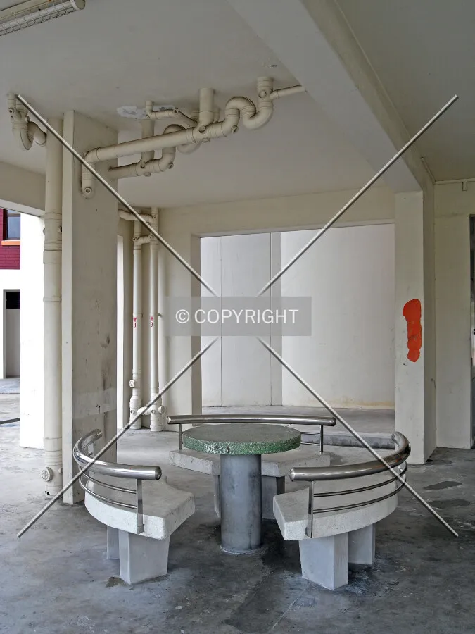 View of seating provided on the void deck as seen from the south