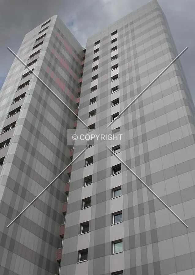 Look up view of the back side of the building
