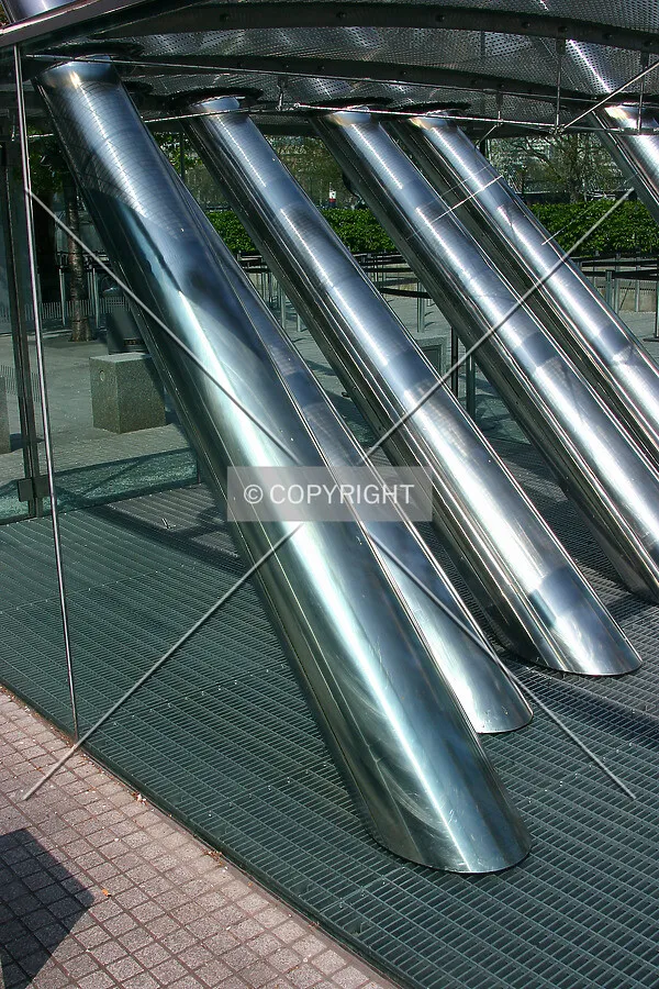 View into the glass box containing the six backstay cables which at base level are sheathed in decorative stainless steel shrouds