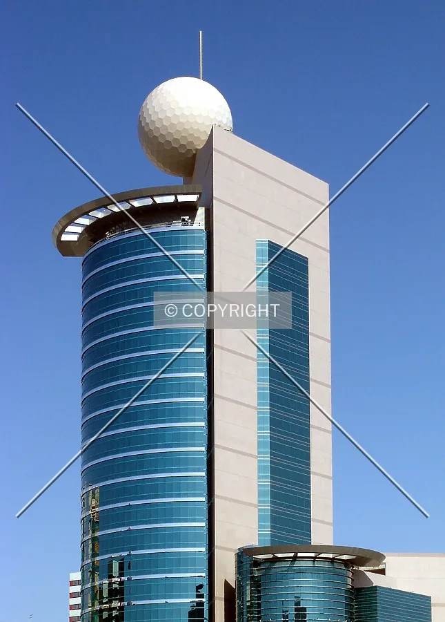 The upper floors and golfball at the top