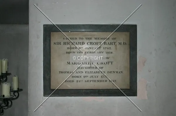 Memorial plaque to Sir Richard Croft, Baronet