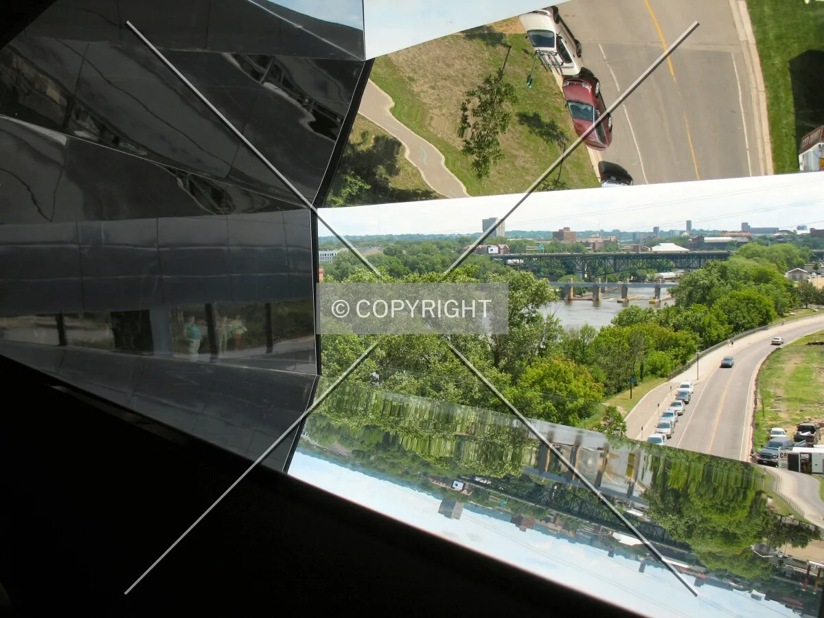 View to the east from a window on the Endless Bridge, mirrored sections create an interesting panorama