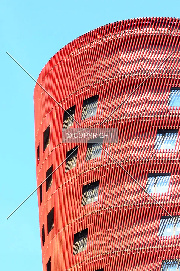 Close view of the building's top, Torre Porta Firal, designed by architect Toyo Ito