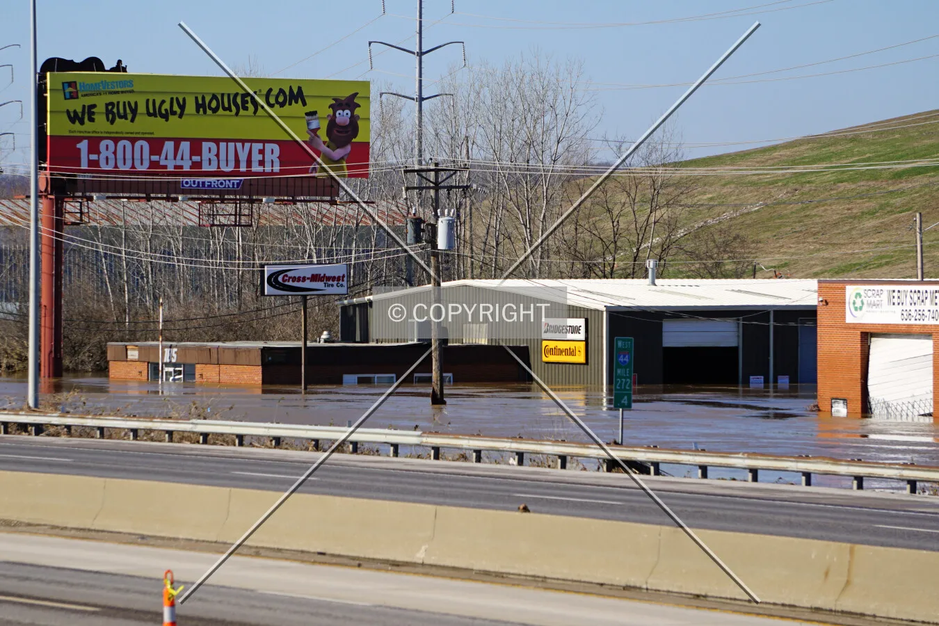 Distant view from the southeast across Interstate 44 while flooded by the Meramec River; January 1, 2016