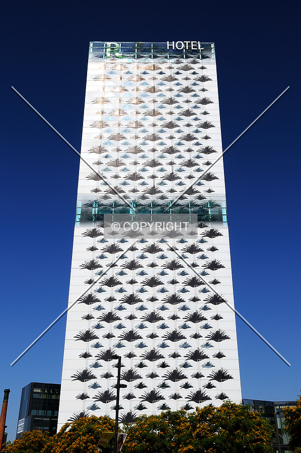 Looking up the East side of the hotel's facade