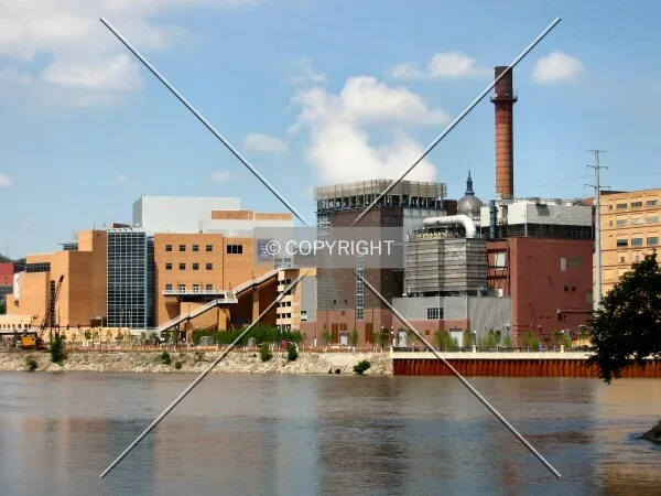 View to the west from Raspberry Island, Science Museum of Minnesota and District Energy Plant along the Mississippi River