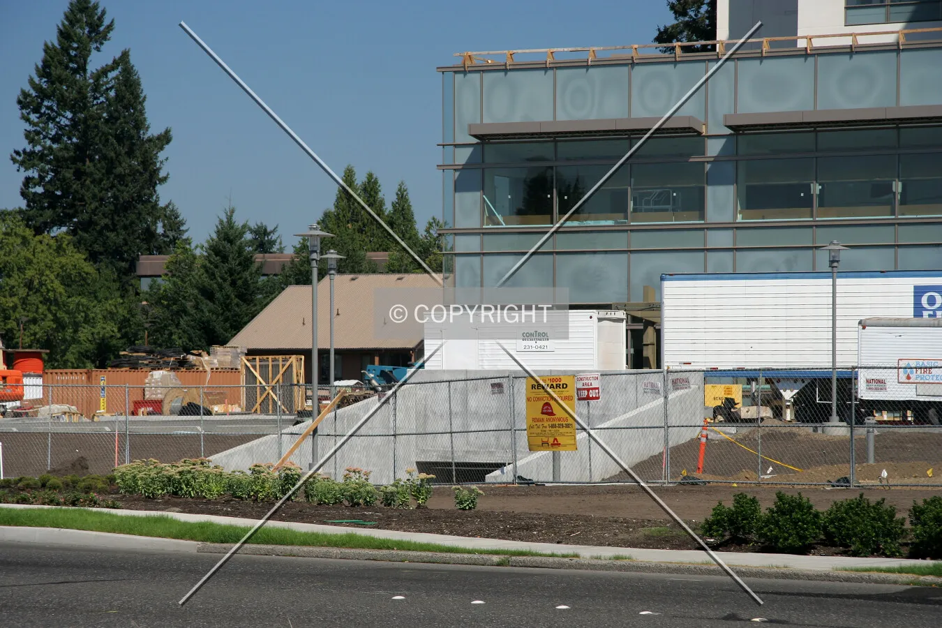 Distant view of the garage entrance