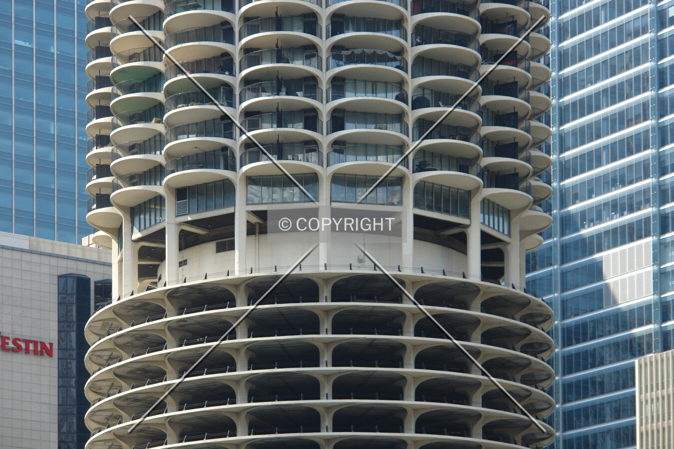 Balconies and parking floors in the lower section