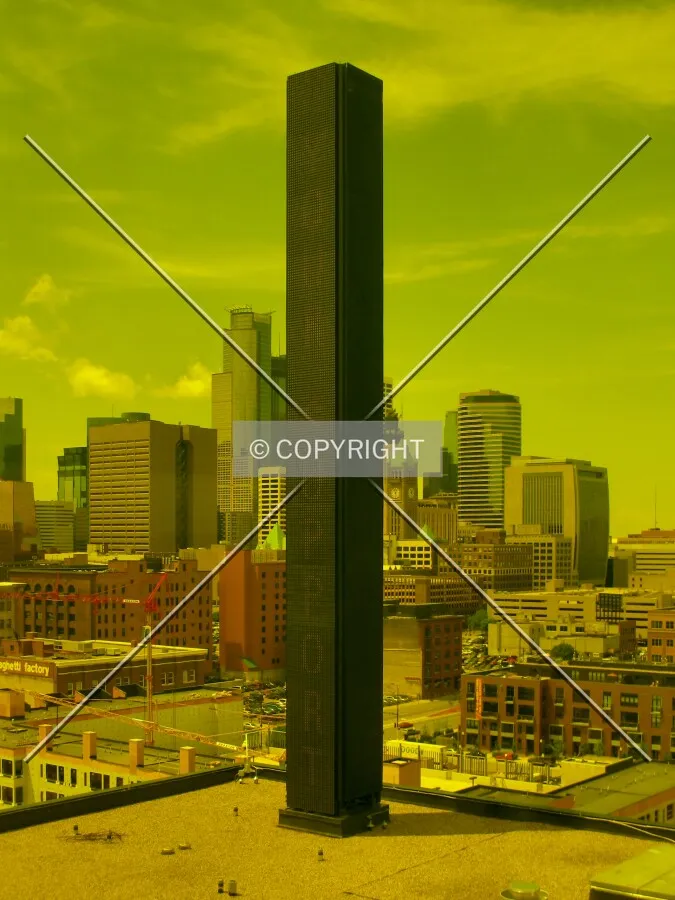 One of the LED masts rising in front of downtown, from the Amber Box Lobby on Level 9