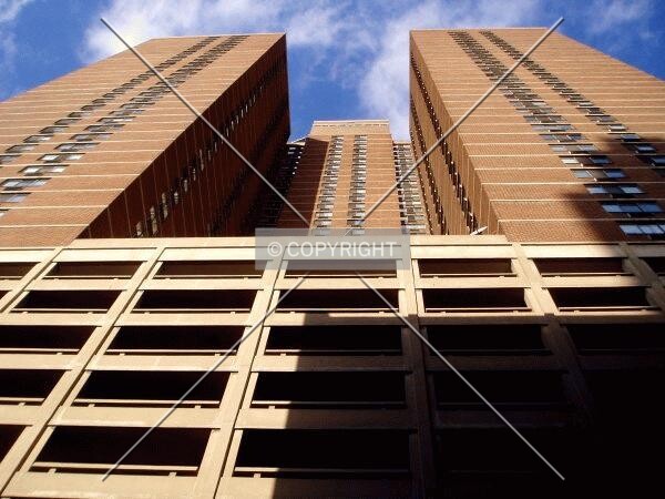The back side of the building, from below and to the south