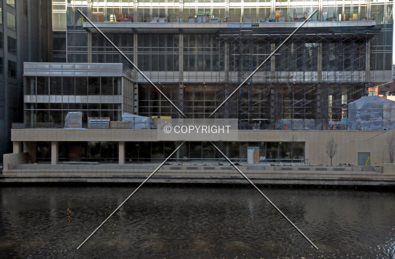 Lower floors and riverfront viewed from Wacker Drive