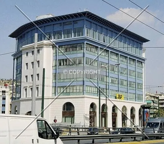 Street level view of the building during final construction stage