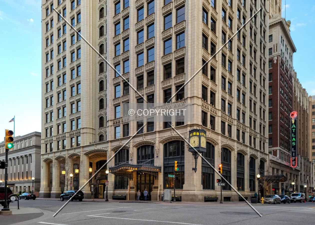 Evening view of the lower floors from the northwest; April 2, 2021