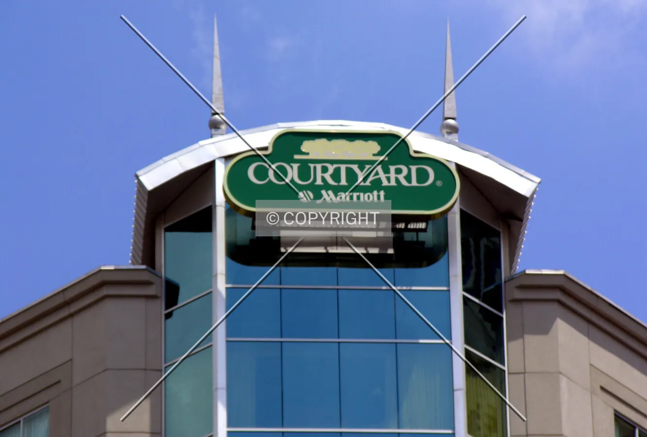 Signage atop the southwestern corner