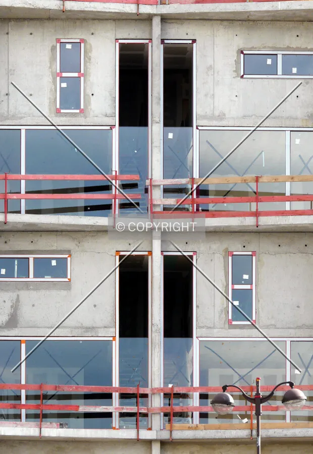 Close-up of the north side, with windows being installed