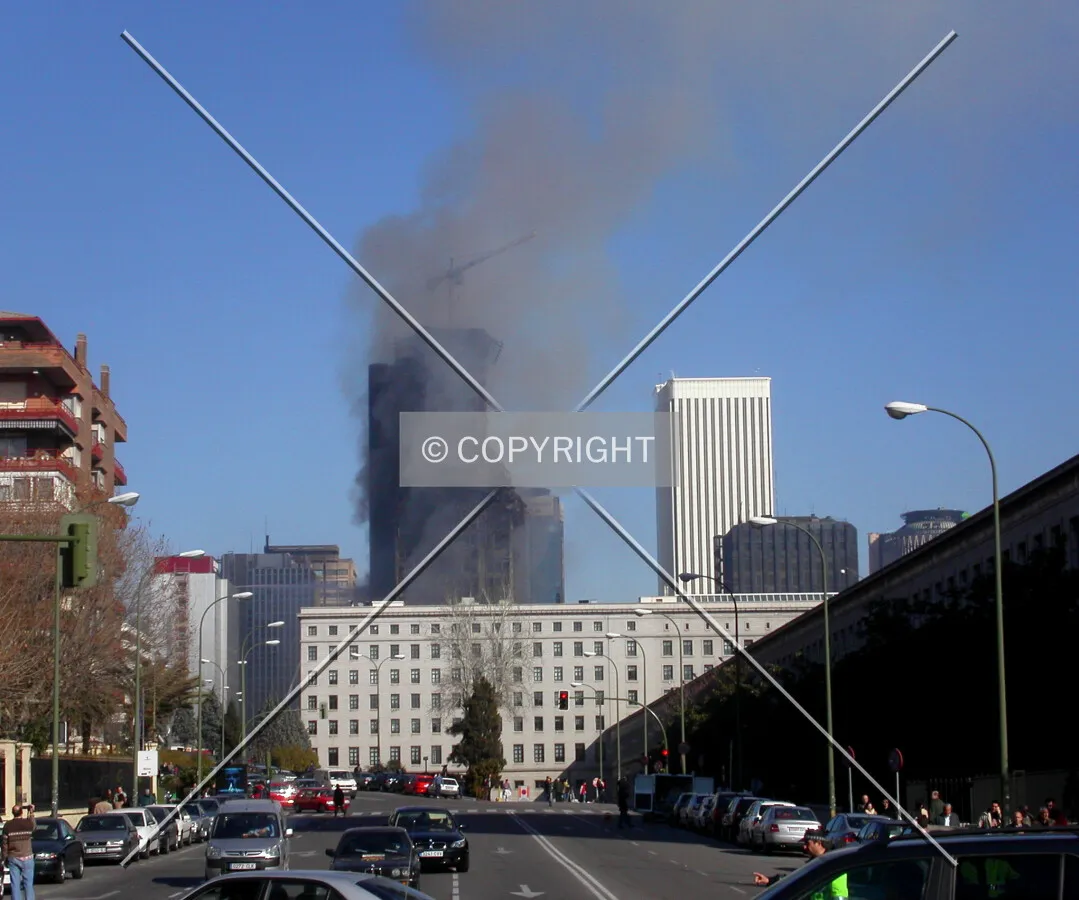The building on fire as seen from the south