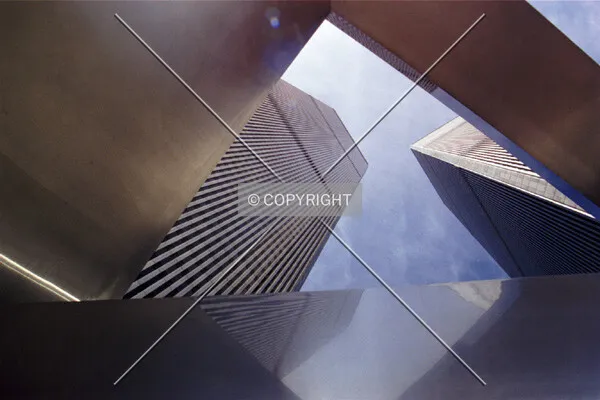 Looking up through a plaza sculpture